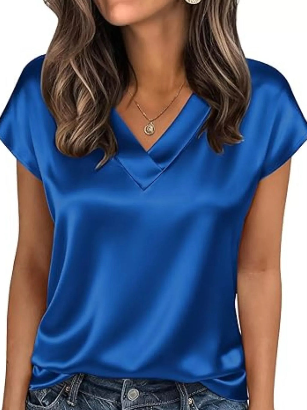 Satin V-Neck Short Sleeve Blouse by Wild and Free Boutique