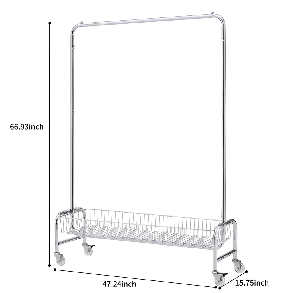 Heavy Duty Iron Garment Rack With Basket On Wheels - Silver by Unique Piece Furniture