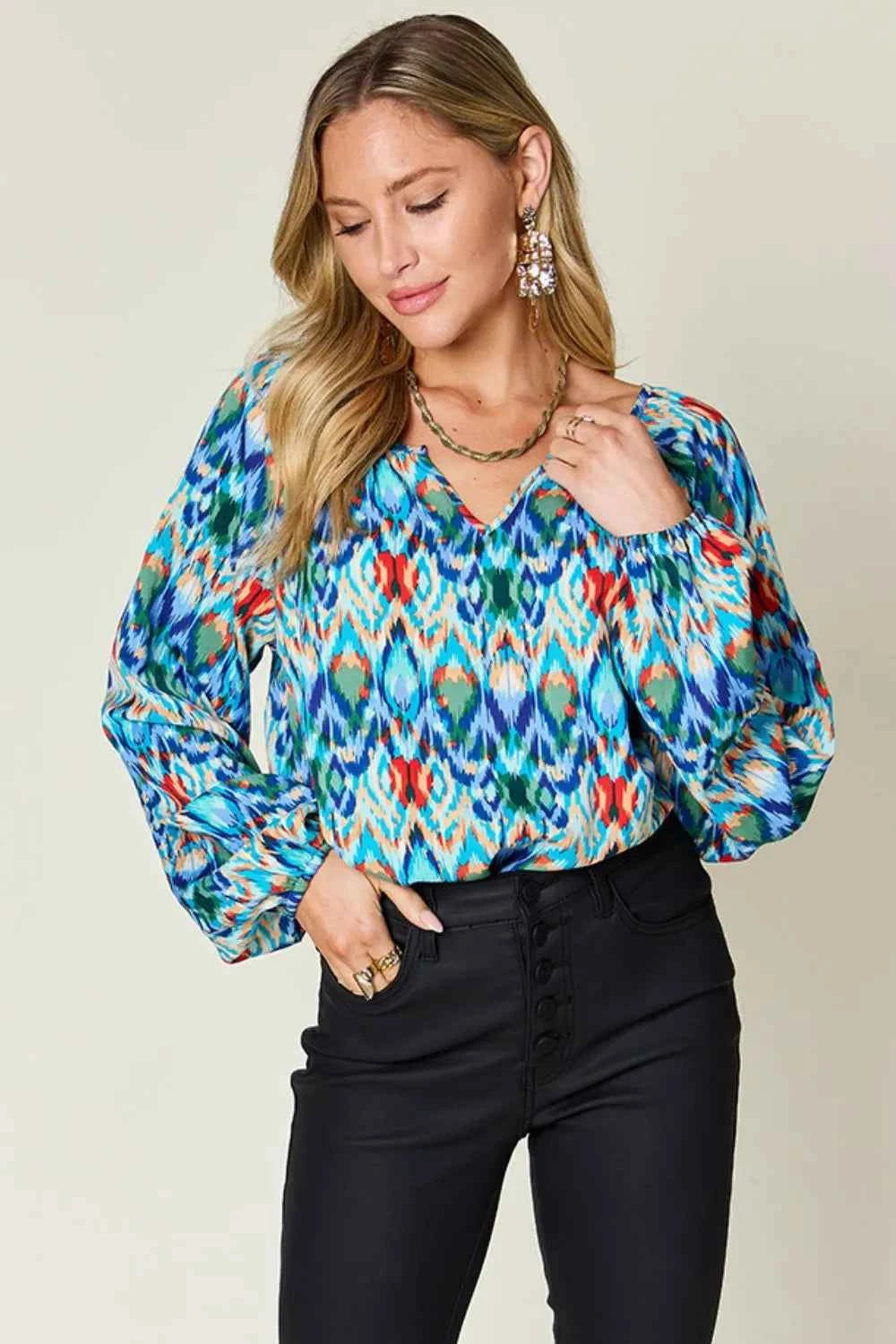 Double Take Full Size Printed Balloon Sleeve Blouse by Wild and Free Boutique