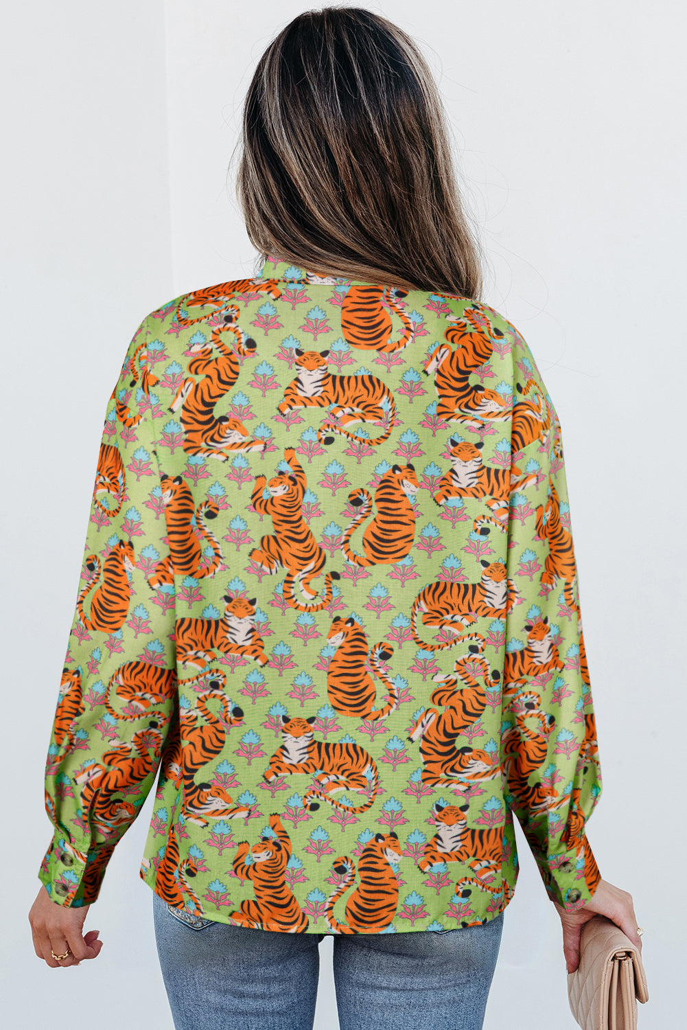 Green Tiger Floral Printed Collared V Neck Casual Shirt by Dear-Lover Dropshipping