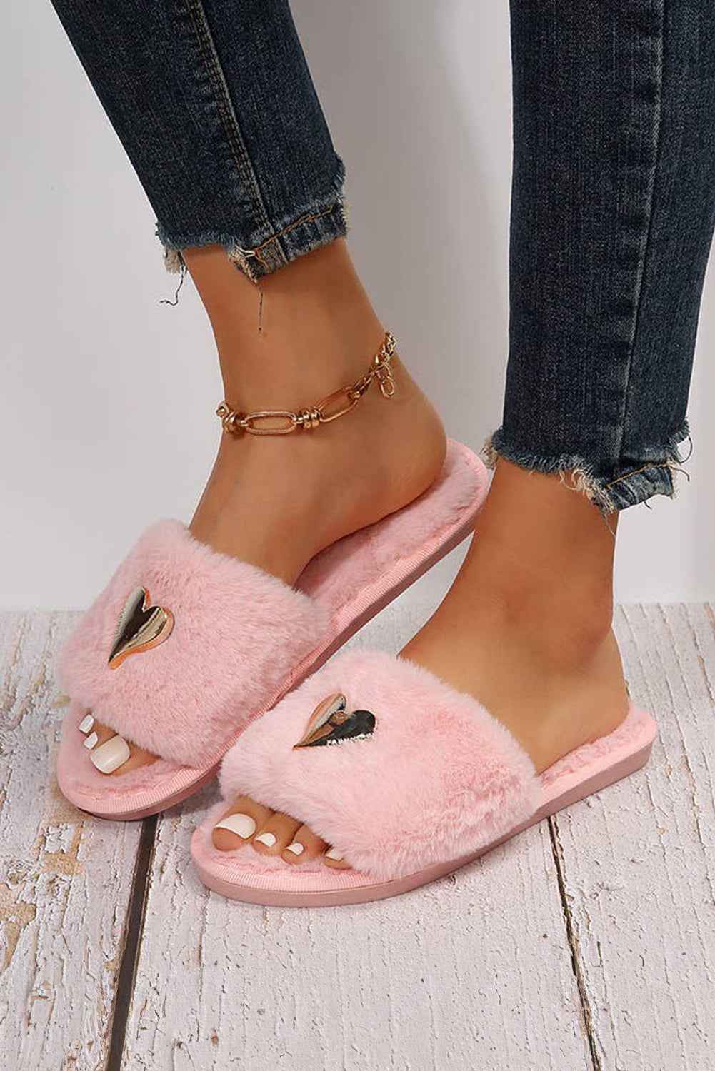 Parchment Heart Shape Buckle Decor Open Toe Plush Slippers by Wild and Free Boutique