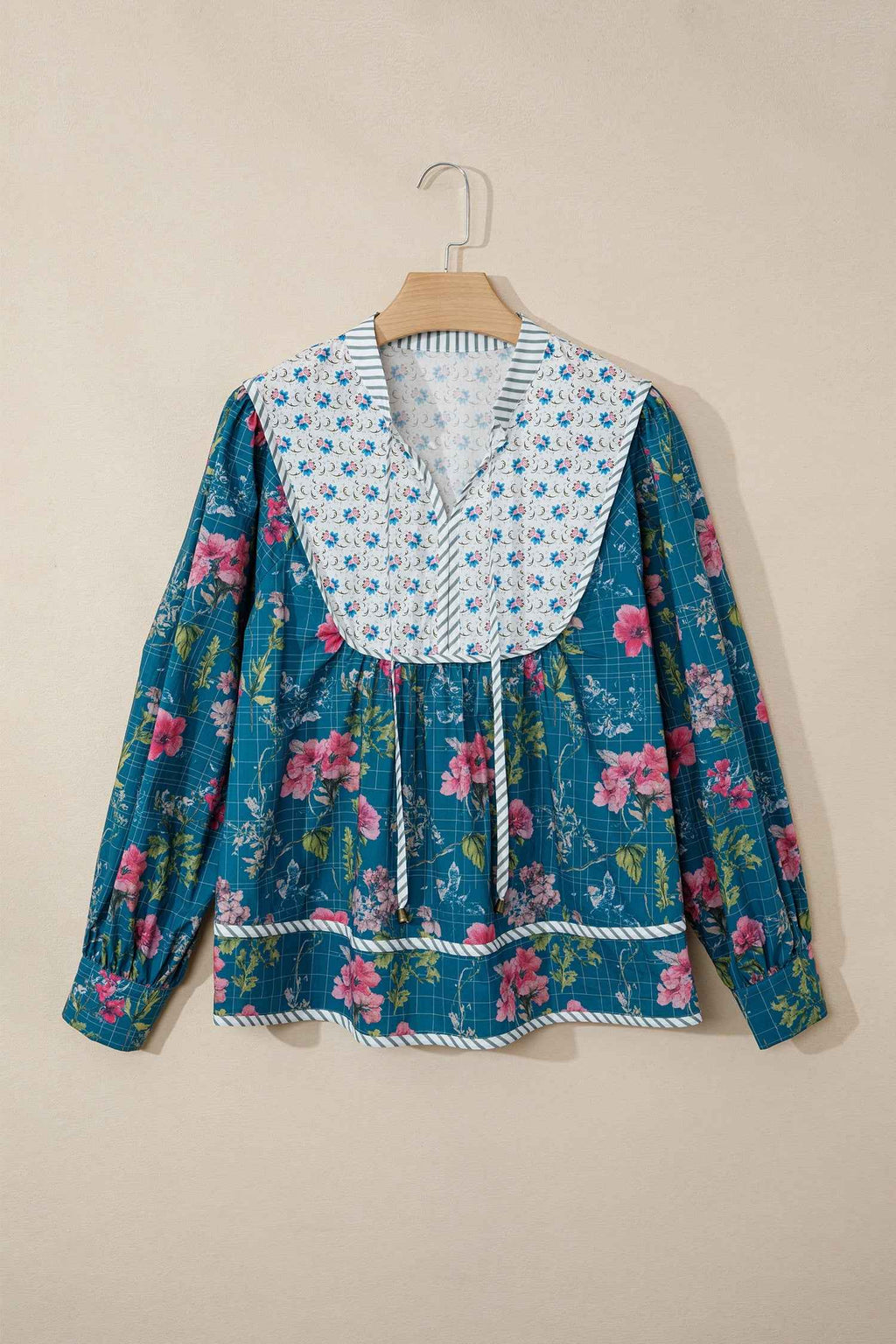 Sky Blue Floral Print Contrast Yoke Patchwork Striped Trim Long Puff Sleeve Blouse by Wild and Free Boutique