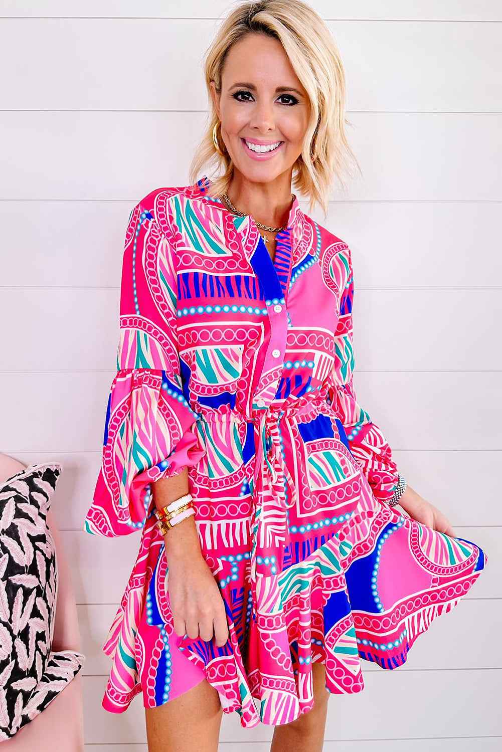 Rose Boho Abstract Printed Puff Sleeve Drawstring Waist Ruffled Mini Dress by Wild and Free Boutique