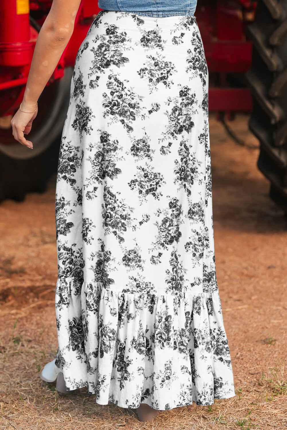 Black Boho Floral High Waist Ruffle Split Maxi Skirt by Wild and Free Boutique