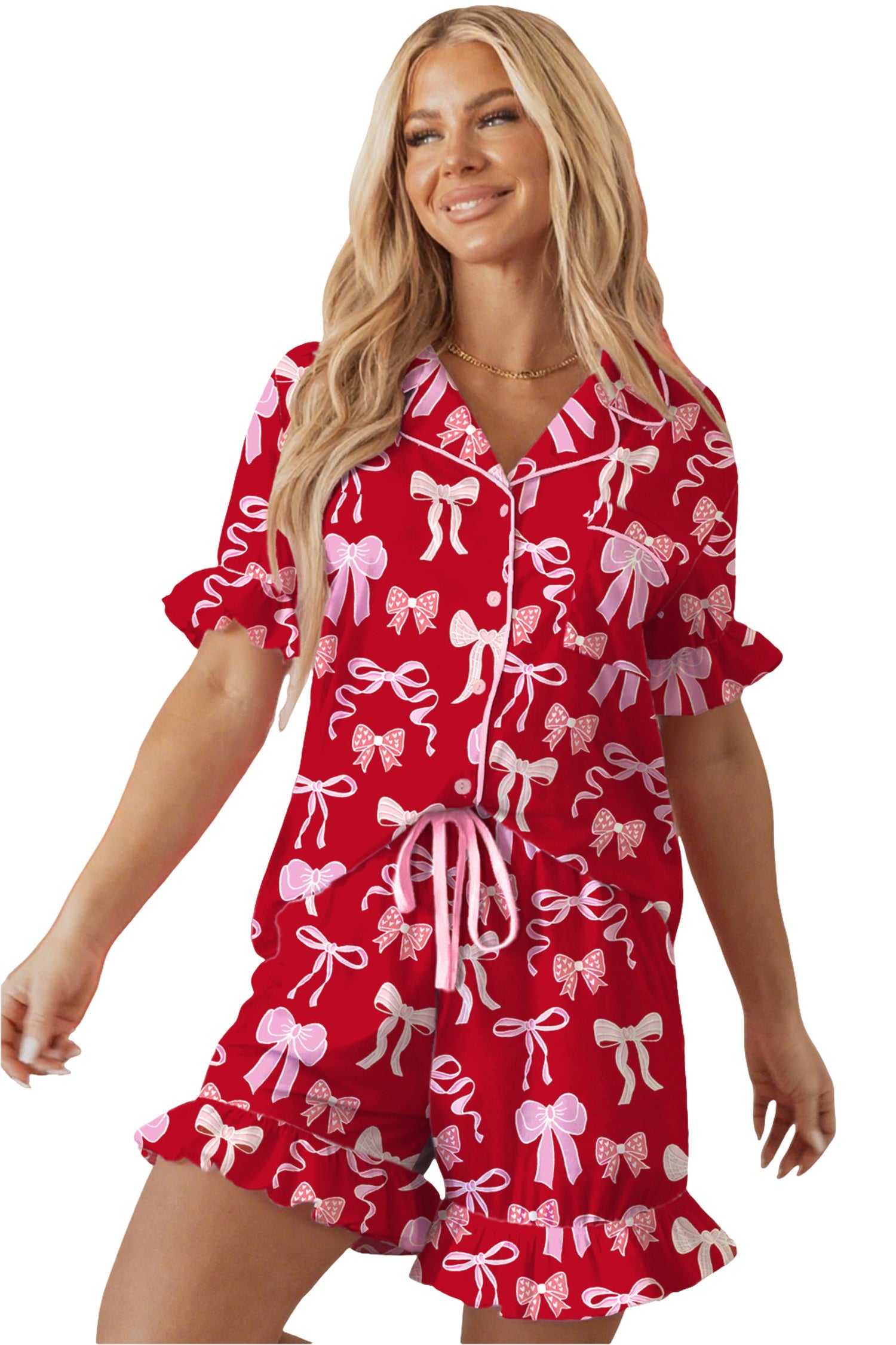 Red Sweet Bow Print Ruffled Short Sleeve Shirt Shorts 2pcs Pajama Set by Wild and Free Boutique