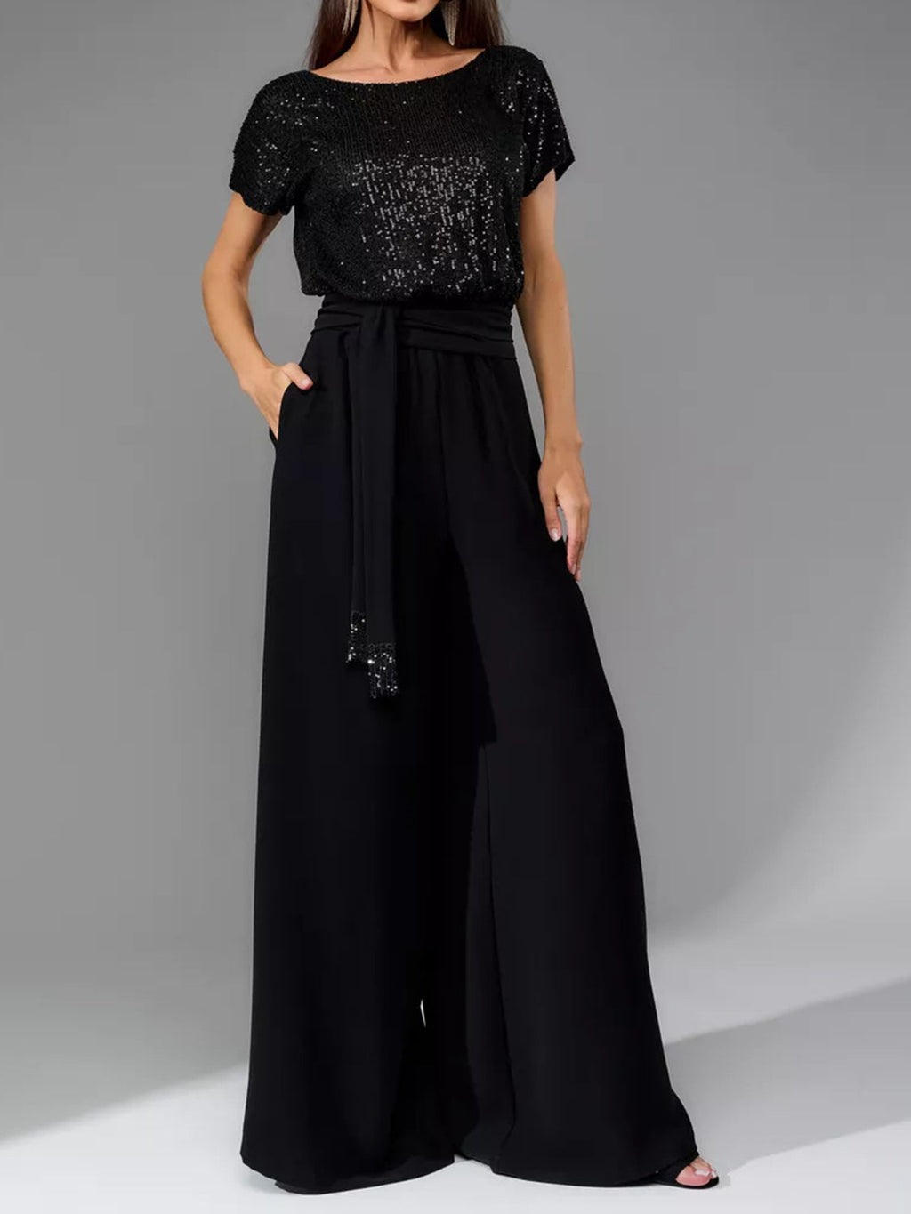 Full Size Sequin Round Neck Short Sleeve Wide Leg Jumpsuit by Wild and Free Boutique