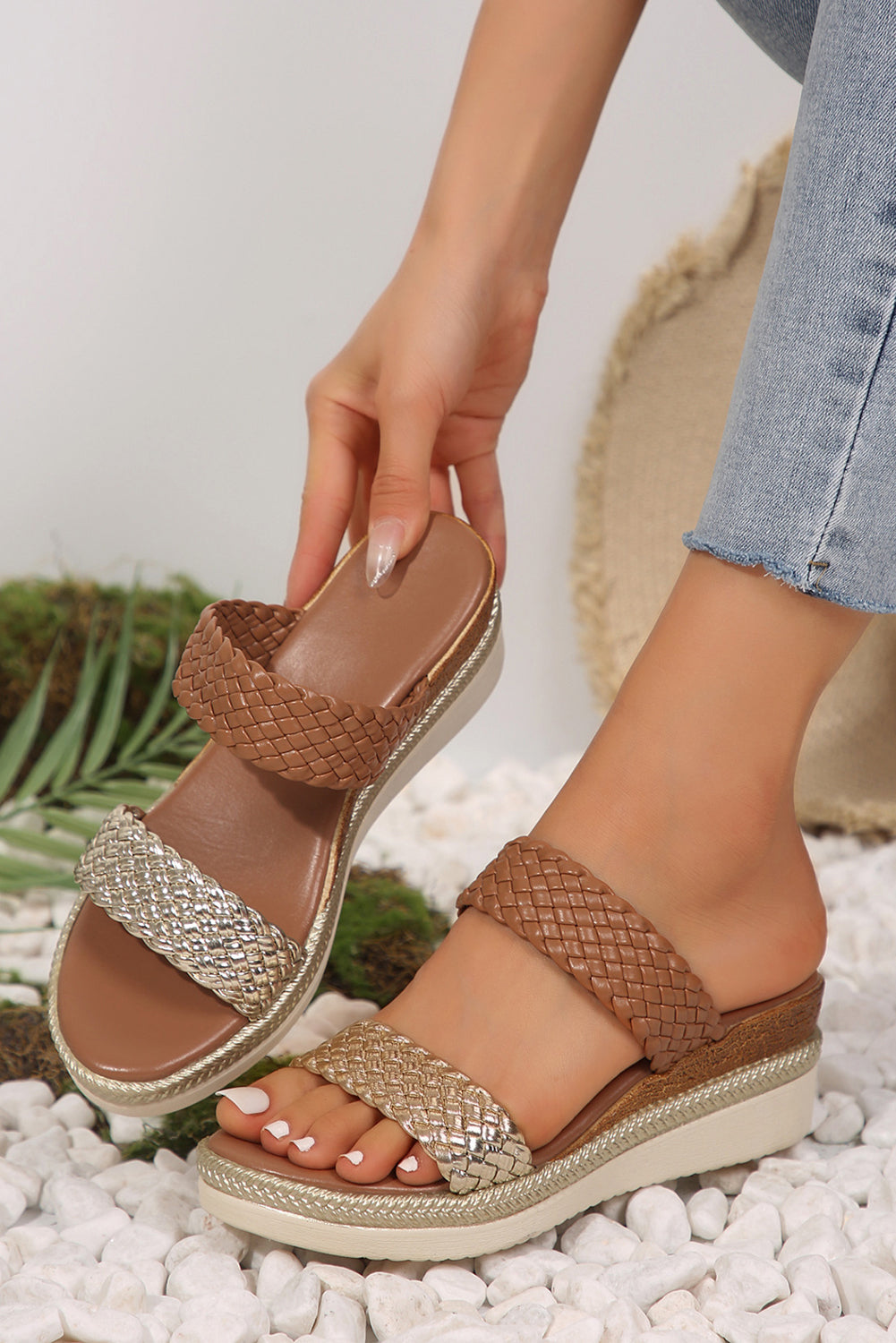 Gold Woven Two Band Color Block Wedge Slippers by Wild and Free Boutique
