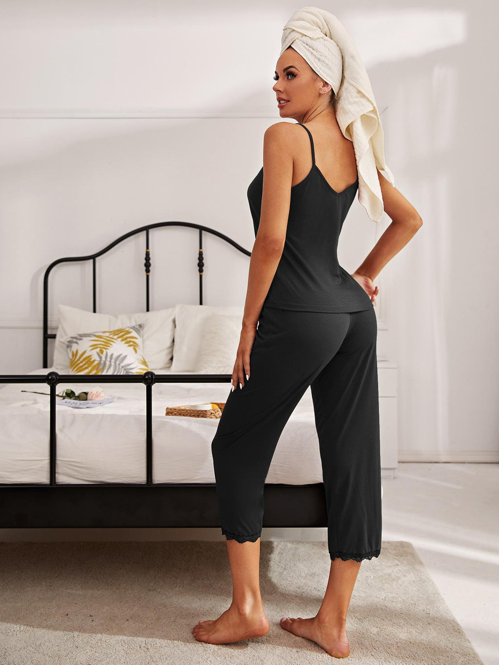 V-Neck Lace Trim Slit Cami and Pants Pajama Set by Wild and Free Boutique