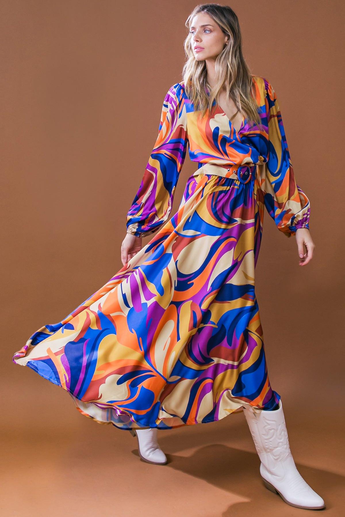 BOLD ADVENTURES WOVEN SATIN MIDI DRESS by Flying Tomato