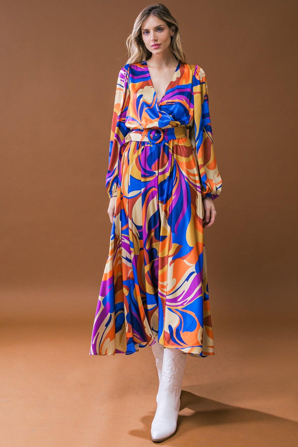 BOLD ADVENTURES WOVEN SATIN MIDI DRESS by Flying Tomato
