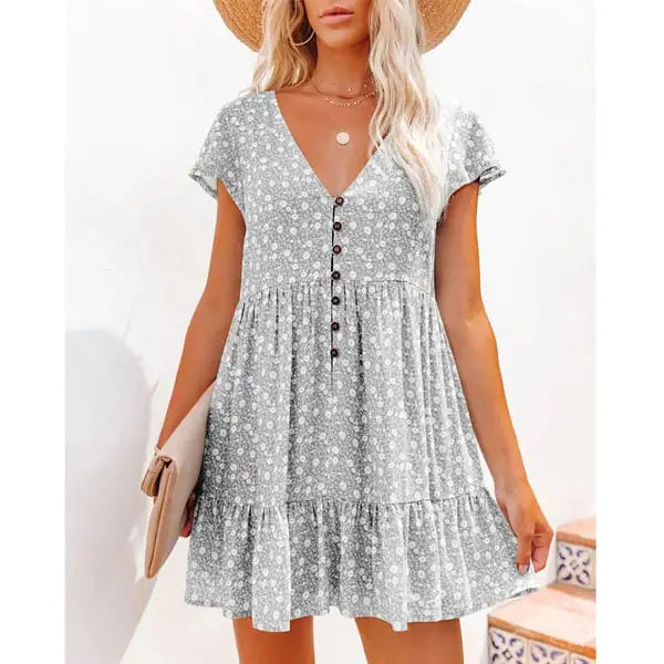 V-Neck Button Floral Short Sleeve Casual Dress by Trendy Attic Store01