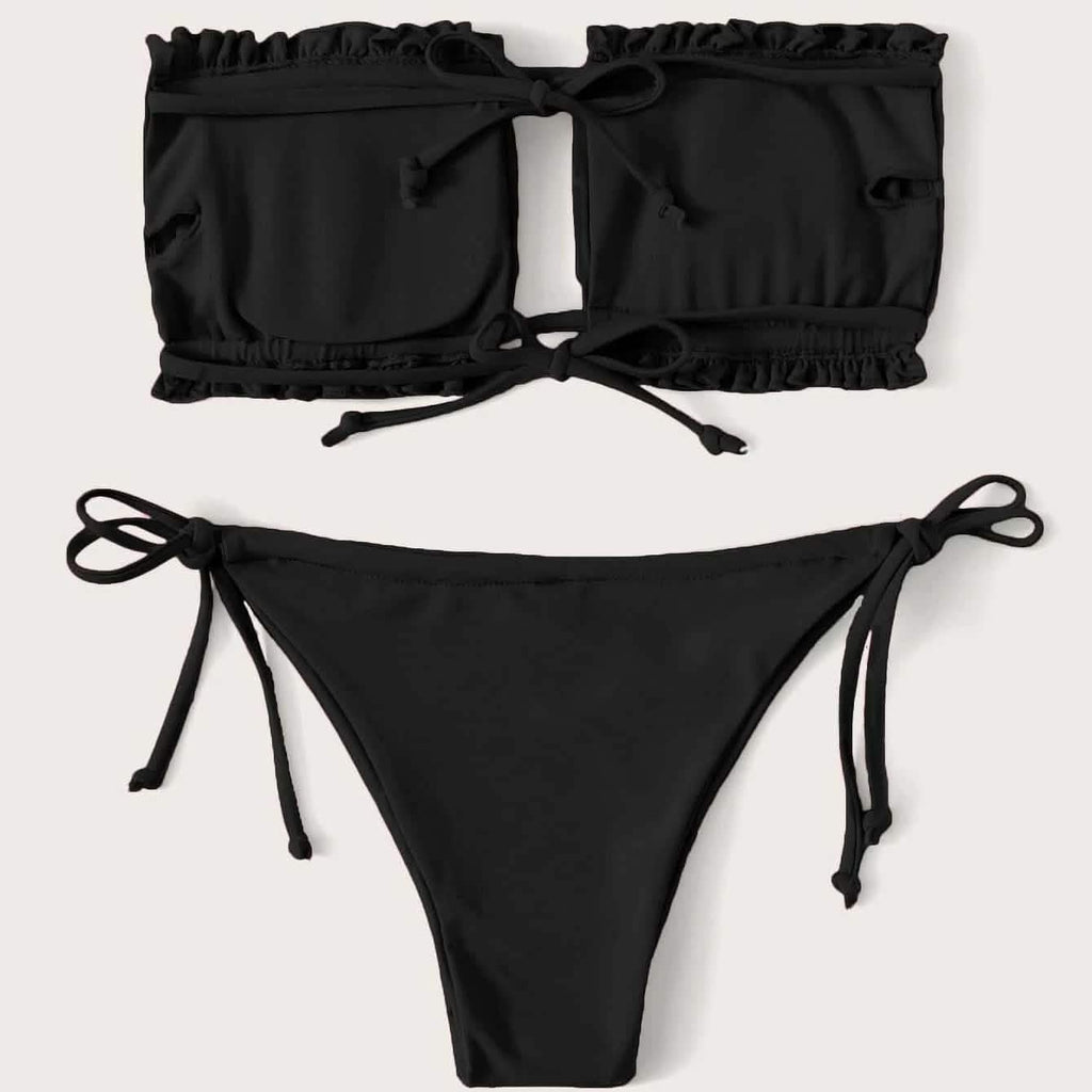 Frill Trim Bandeau Tie Side Bikini Swimsuit by DailySale
