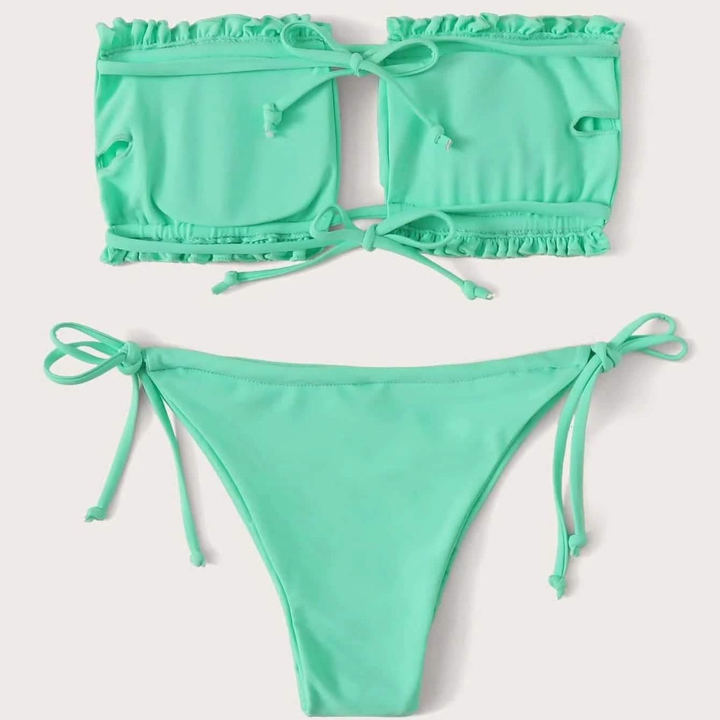 Frill Trim Bandeau Tie Side Bikini Swimsuit by DailySale