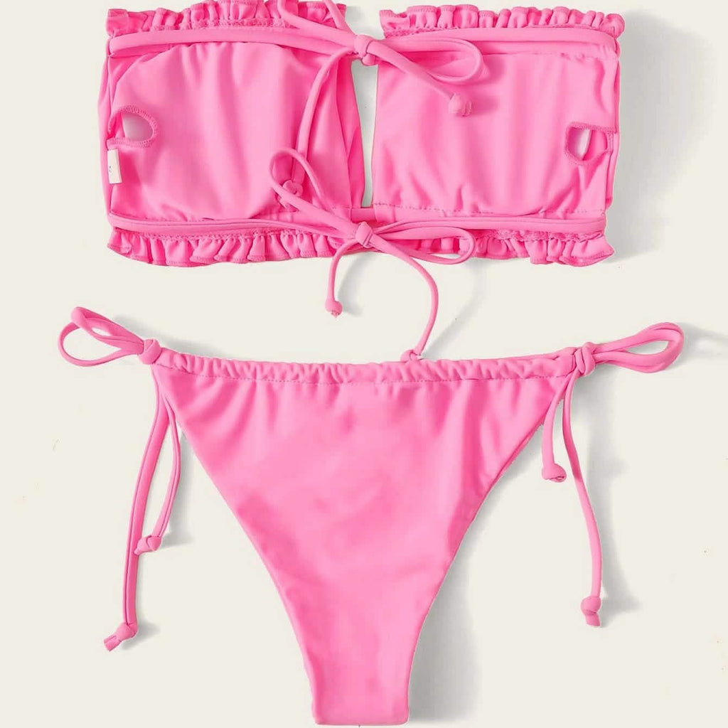 Frill Trim Bandeau Tie Side Bikini Swimsuit by DailySale