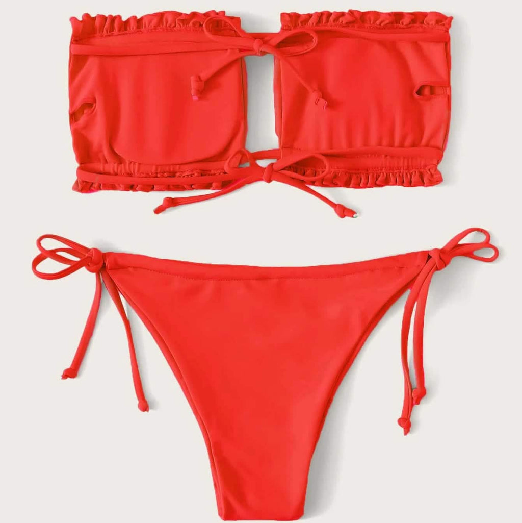 Frill Trim Bandeau Tie Side Bikini Swimsuit by DailySale