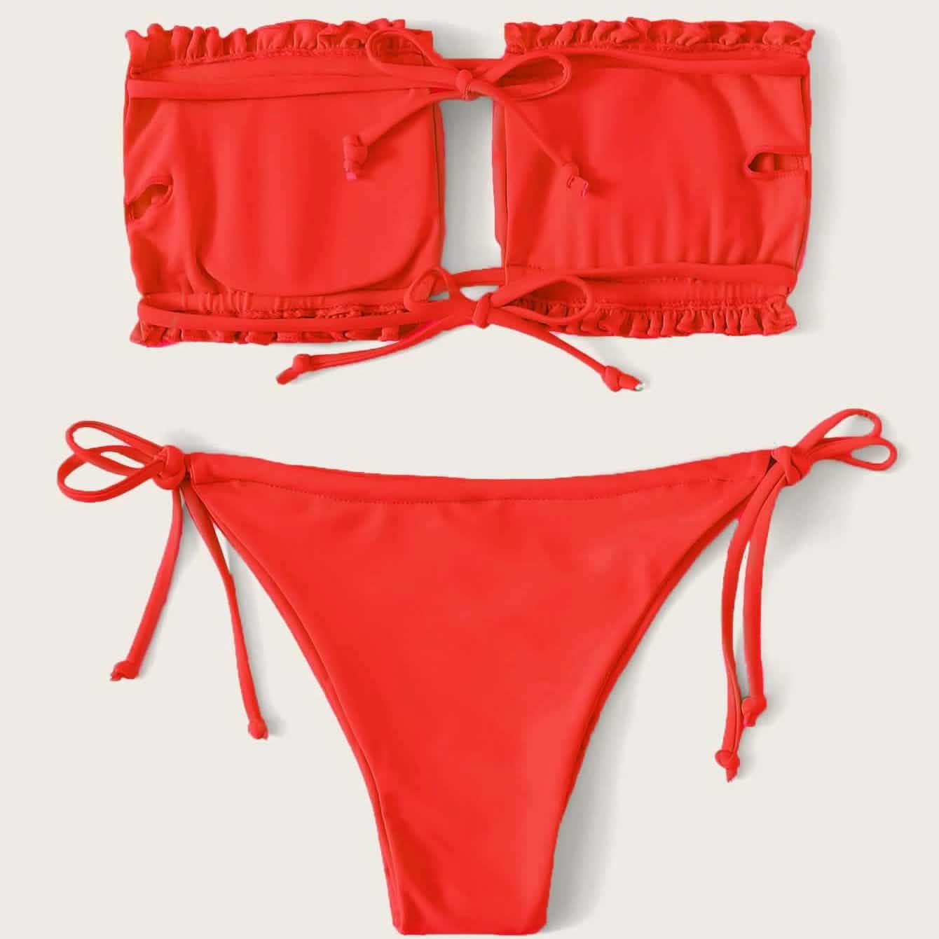 Frill Trim Bandeau Tie Side Bikini Swimsuit by DailySale