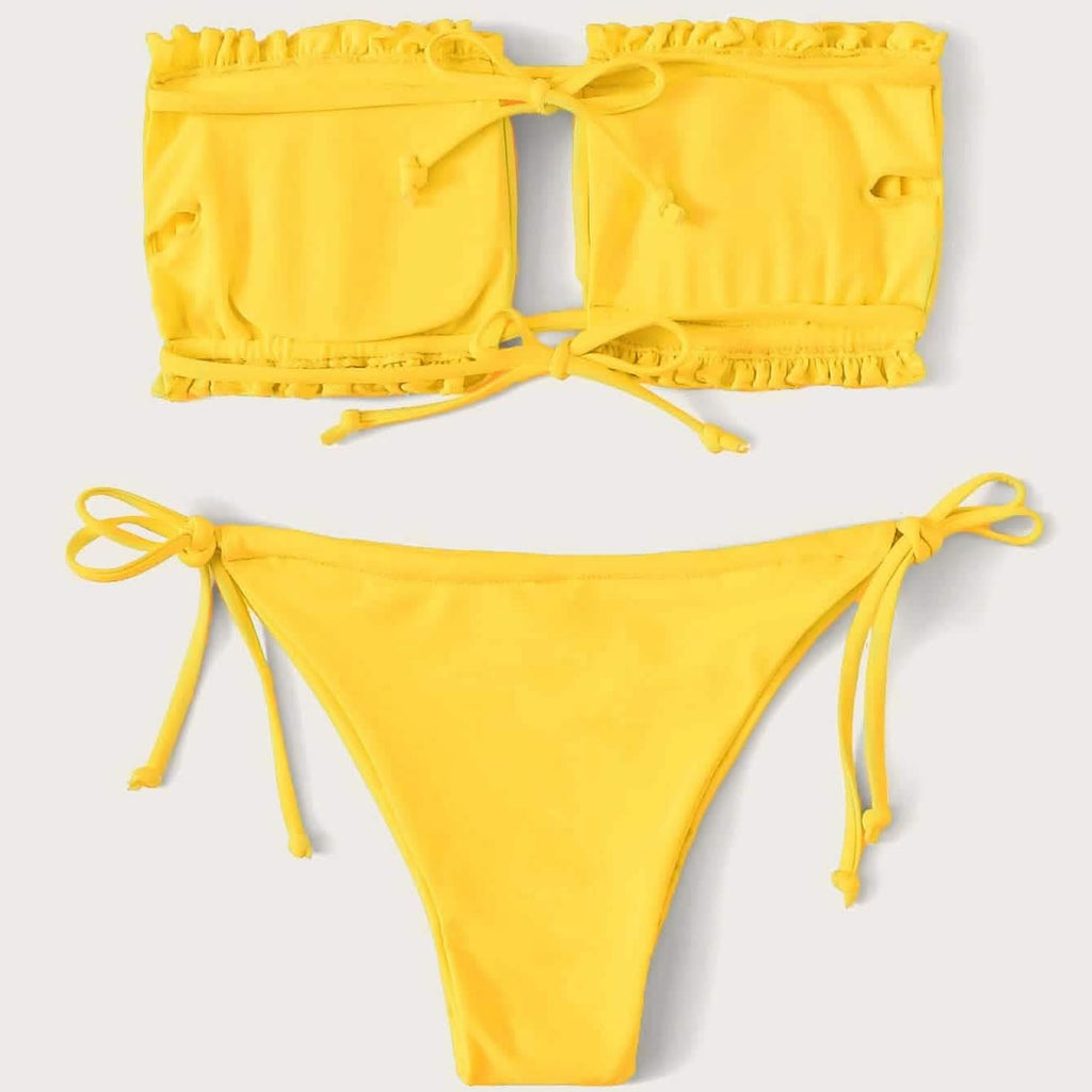 Frill Trim Bandeau Tie Side Bikini Swimsuit by DailySale