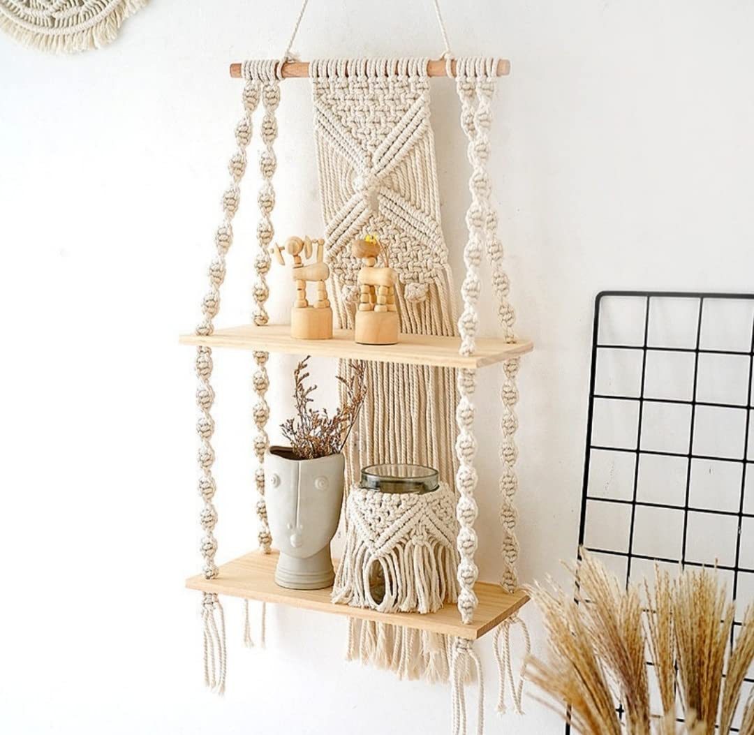 Macrame Wall Hanging Shelf Cotton Cream by Green Iapetus