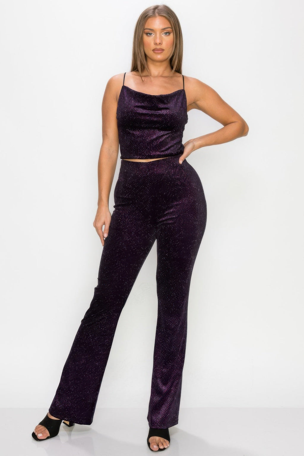 Glittery Flare High-rise Elastic Pants by Tigbul's Variety Fashion Shop