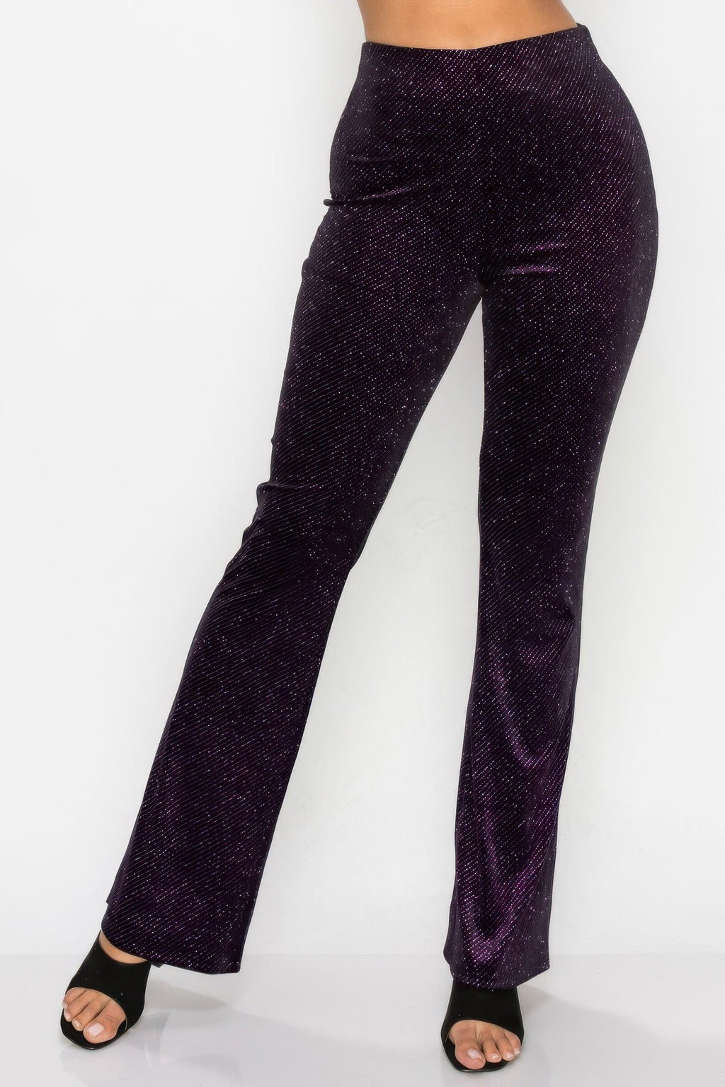 Glittery Flare High-rise Elastic Pants by Tigbul's Variety Fashion Shop