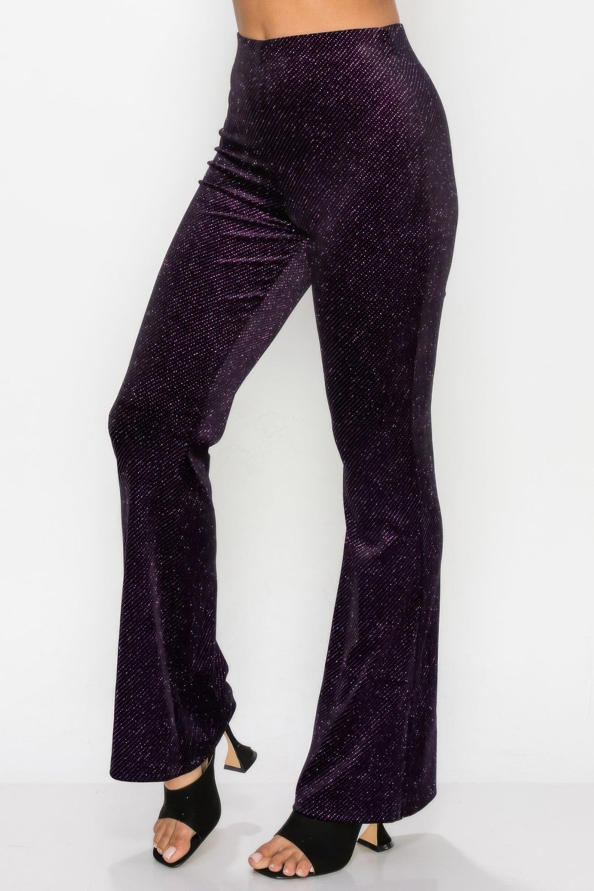 Glittery Flare High-rise Elastic Pants by Tigbul's Variety Fashion Shop