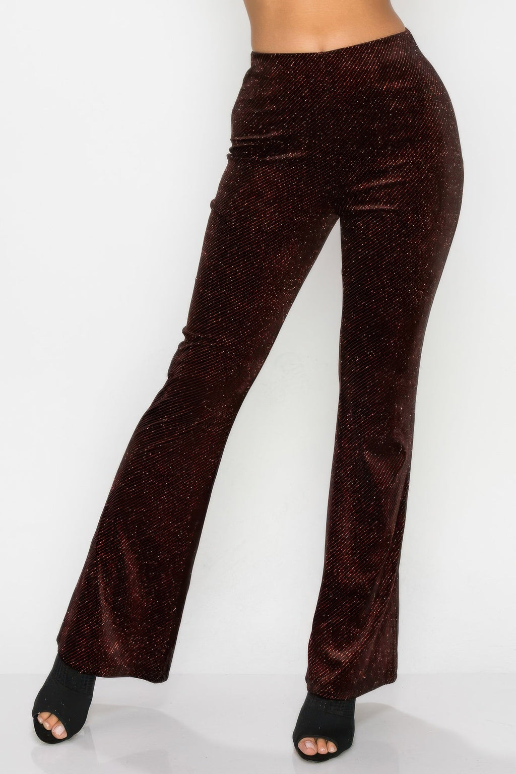 Glittery Flare High-rise Elastic Pants by Tigbul's Variety Fashion Shop