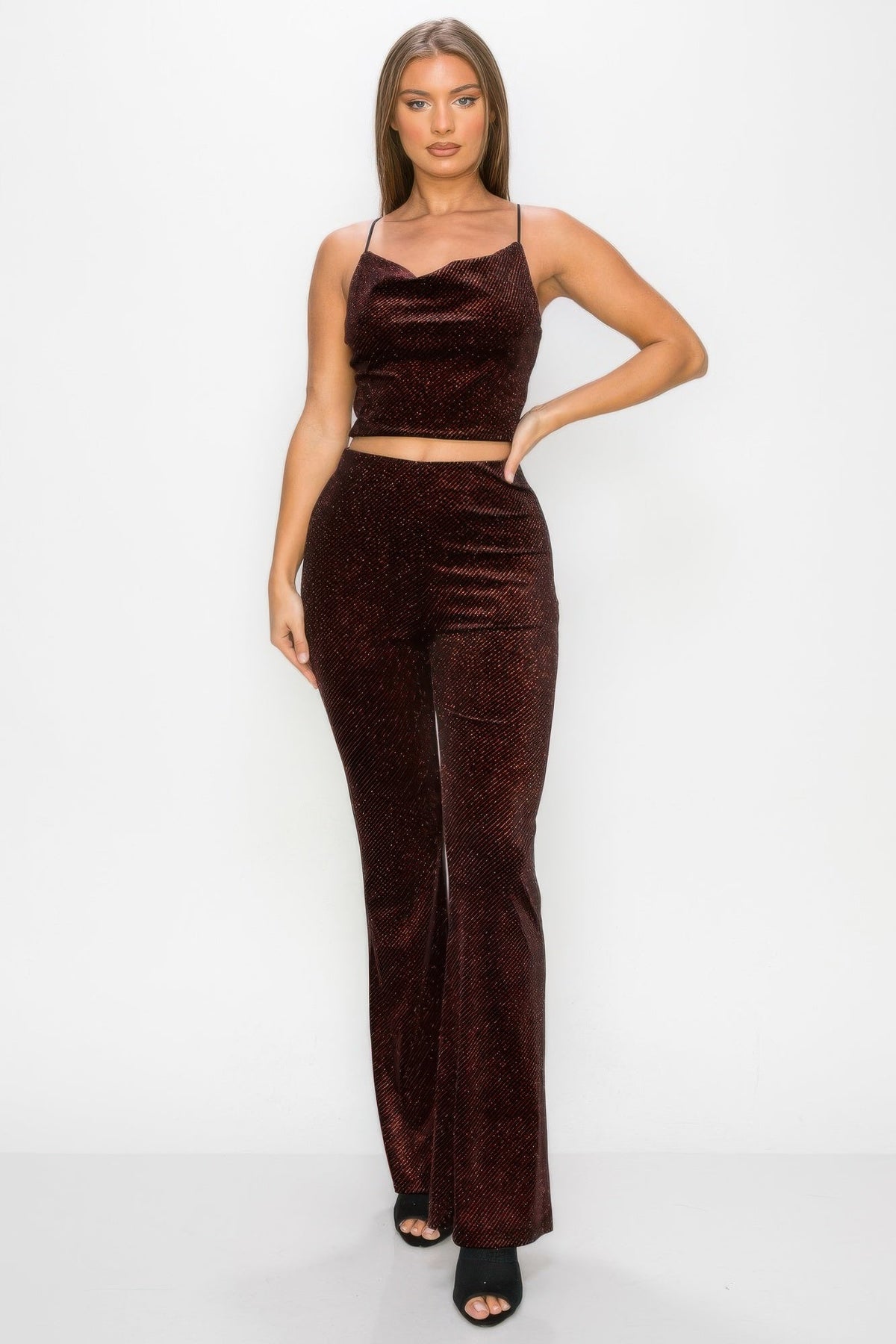 Glittery Flare High-rise Elastic Pants by Tigbul's Variety Fashion Shop