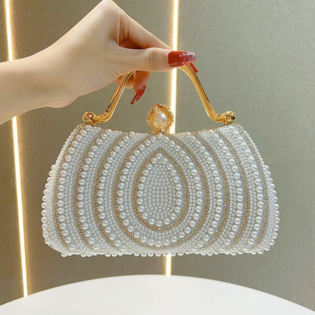 Gold-Framed Diamond Accent Pearl-Encrusted Dinner Bag with Chain Strap (MAC249) by Mariam's Collection