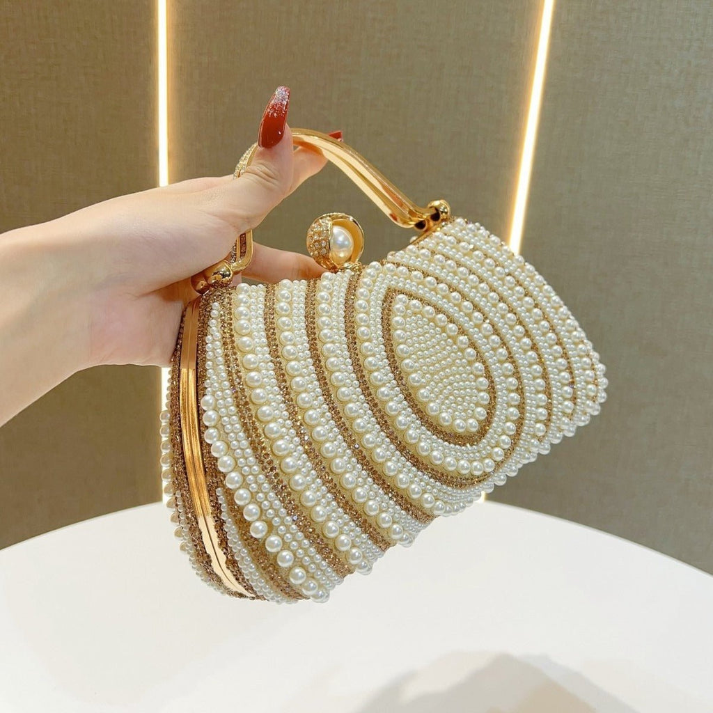 Gold-Framed Diamond Accent Pearl-Encrusted Dinner Bag with Chain Strap (MAC249) by Mariam's Collection