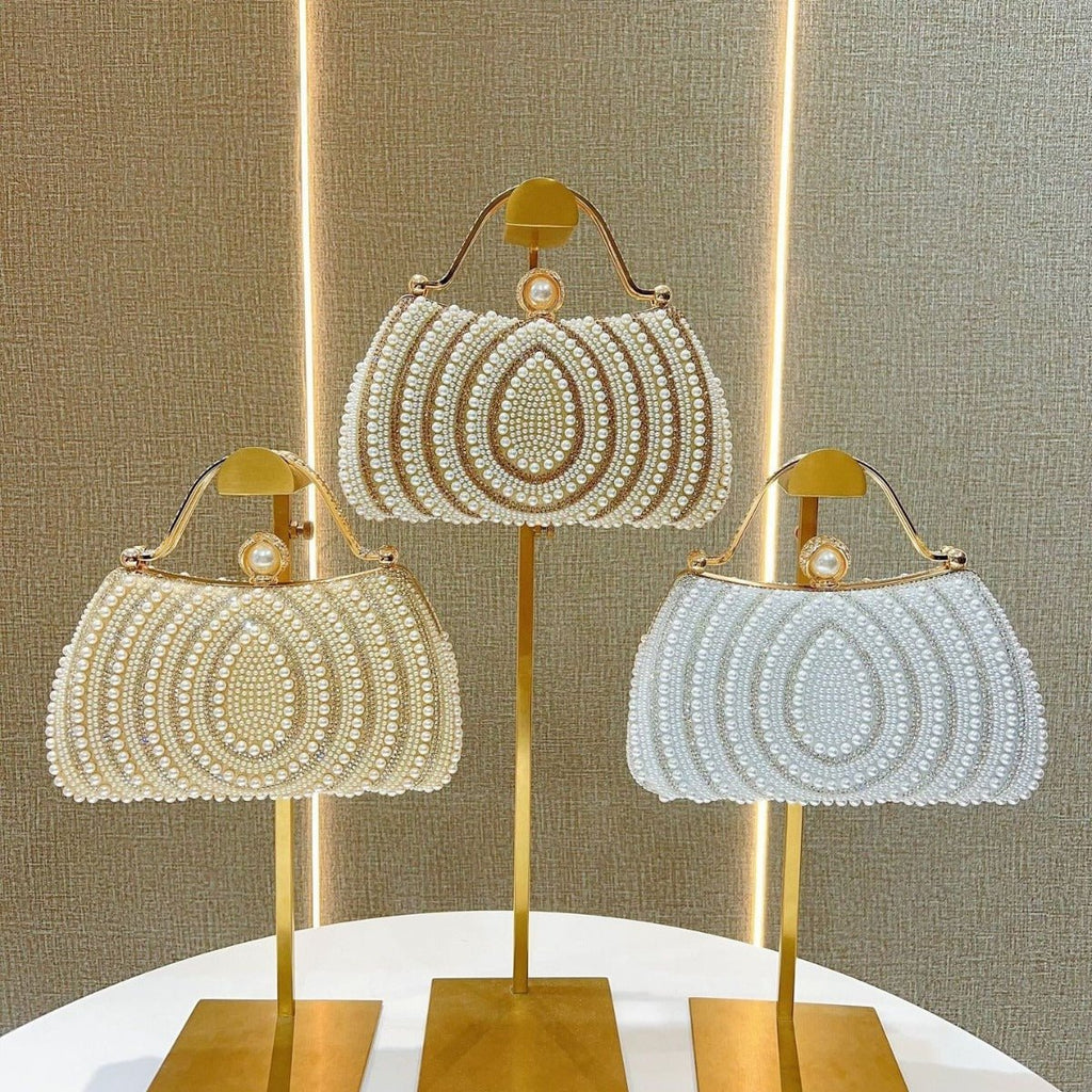 Gold-Framed Diamond Accent Pearl-Encrusted Dinner Bag with Chain Strap (MAC249) by Mariam's Collection