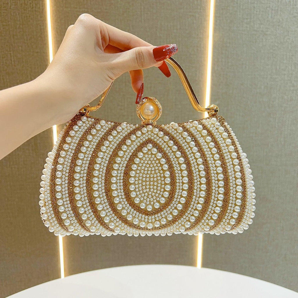 Gold-Framed Diamond Accent Pearl-Encrusted Dinner Bag with Chain Strap (MAC249) by Mariam's Collection