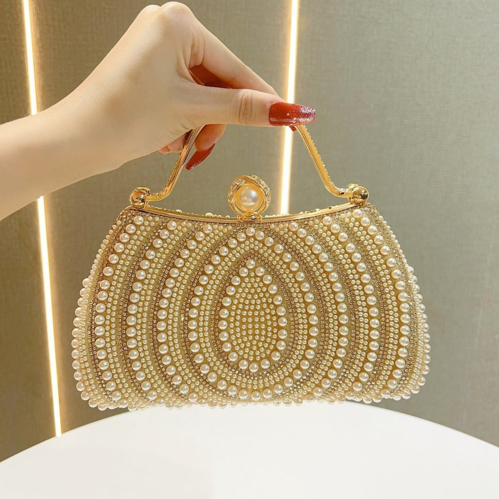Gold-Framed Diamond Accent Pearl-Encrusted Dinner Bag with Chain Strap (MAC249) by Mariam's Collection