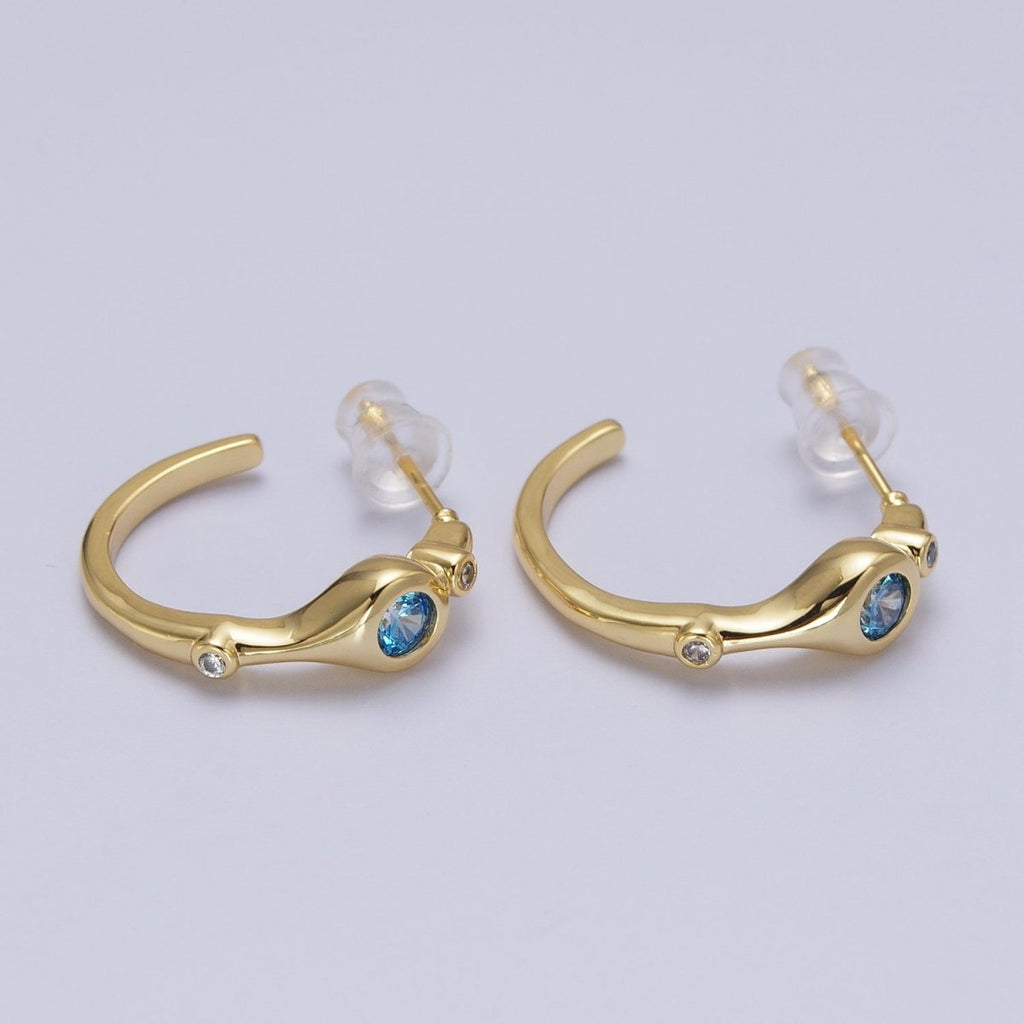 Gold Blue CZ Round Geometric 20mm C-Shaped Hoops Earrings | AD199 by DLUXCA