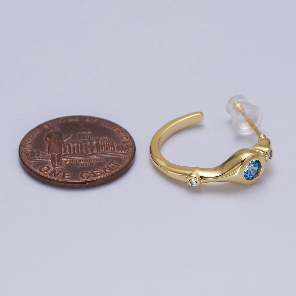 Gold Blue CZ Round Geometric 20mm C-Shaped Hoops Earrings | AD199 by DLUXCA