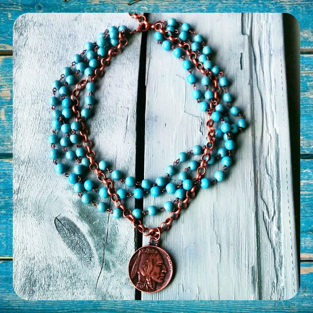 Blue Turquoise Collar-Length Necklace w/ Indian Buffalo Coin 114E by The Jewelry Junkie