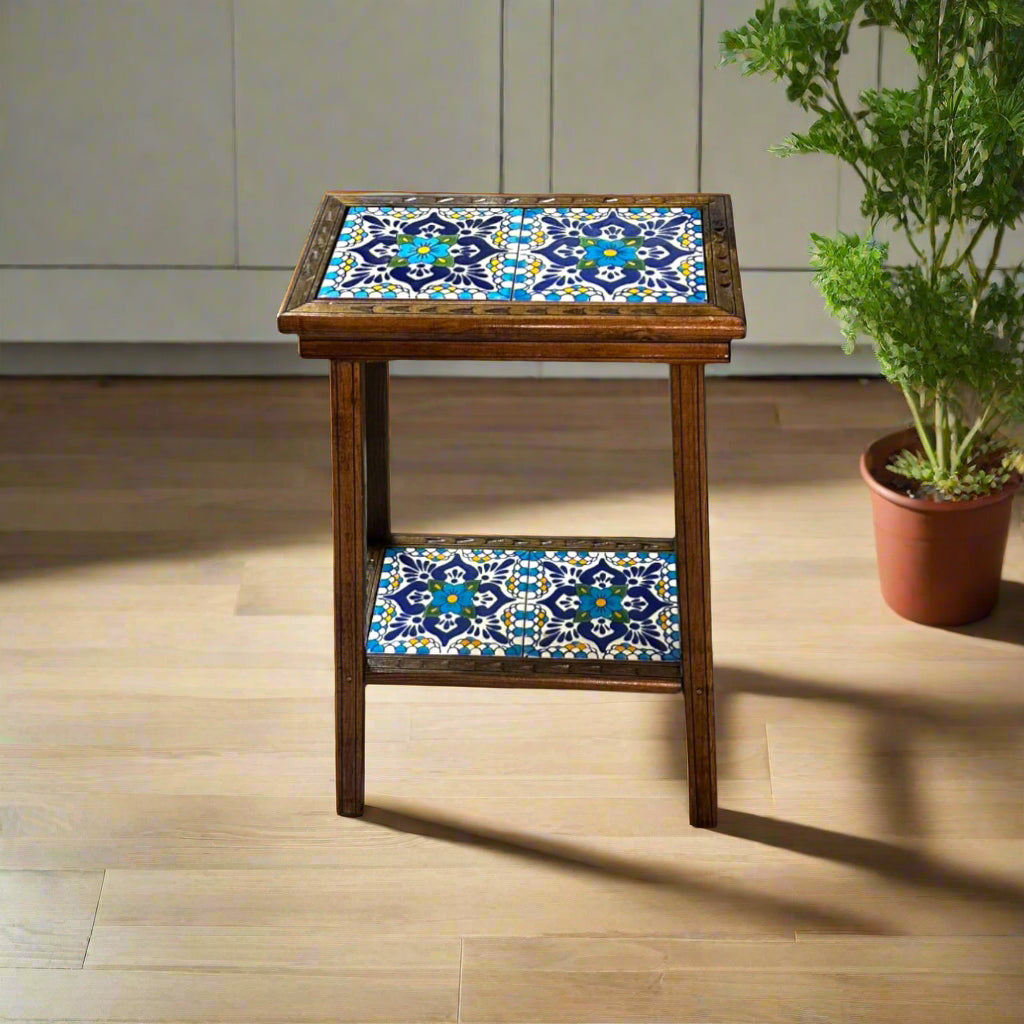 Talavera Tile End Table | Handmade Mexican Wood Accent Furniture by The Talavera Hub
