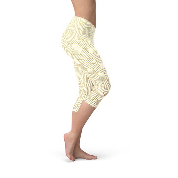 Womens White Capri Leggings w/ Geometric Cubes by Maroon Sooty