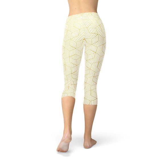 Womens White Capri Leggings w/ Geometric Cubes by Maroon Sooty