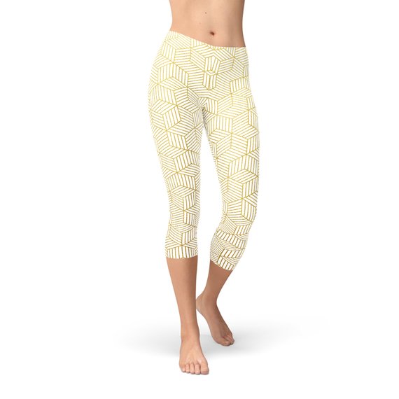 Womens White Capri Leggings w/ Geometric Cubes by Maroon Sooty