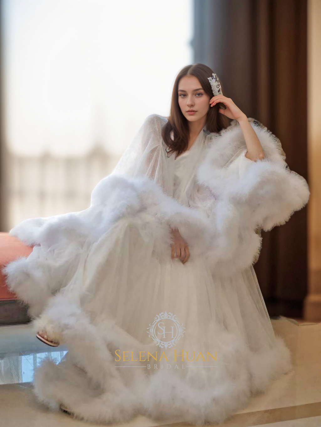 Luxury thick turkey feather fringe long bridal robe set with night gown by SelenaHuanStudio