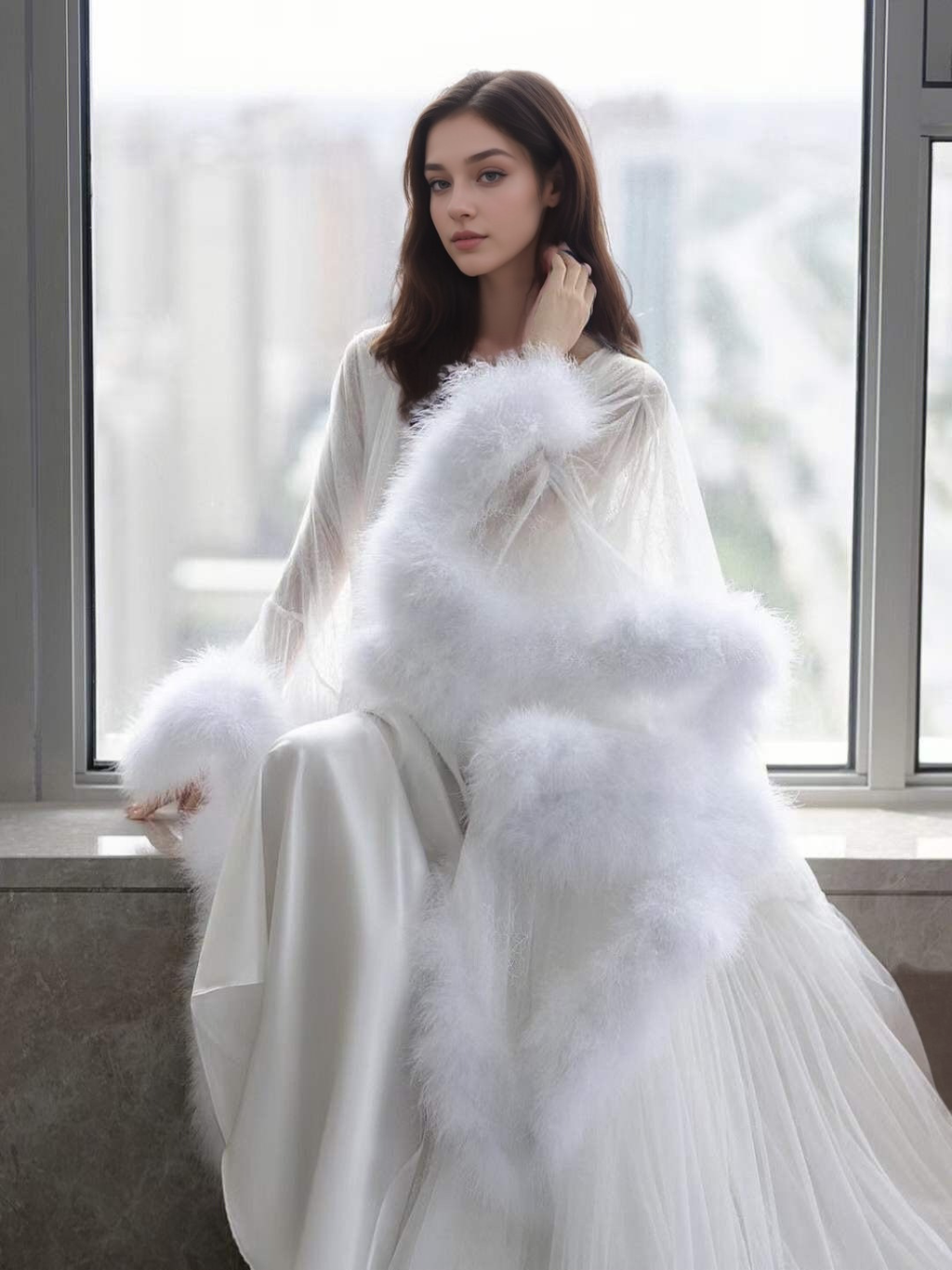 Luxury thick turkey feather fringe long bridal robe set with night gown by SelenaHuanStudio