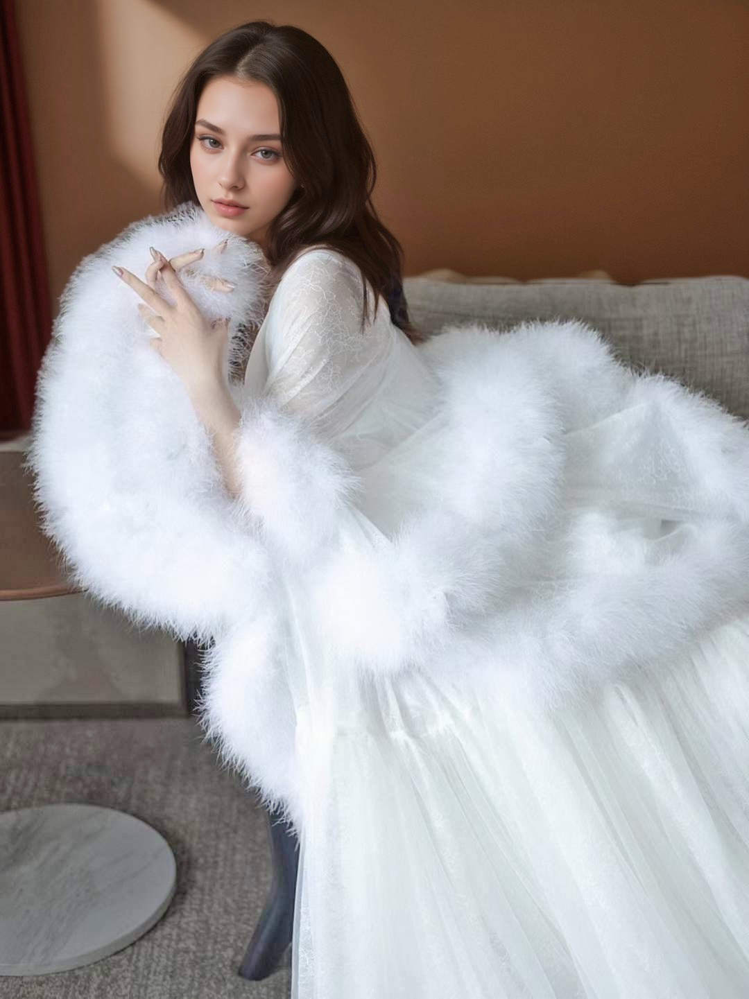 Luxury thick turkey feather fringe long bridal robe set with night gown by SelenaHuanStudio