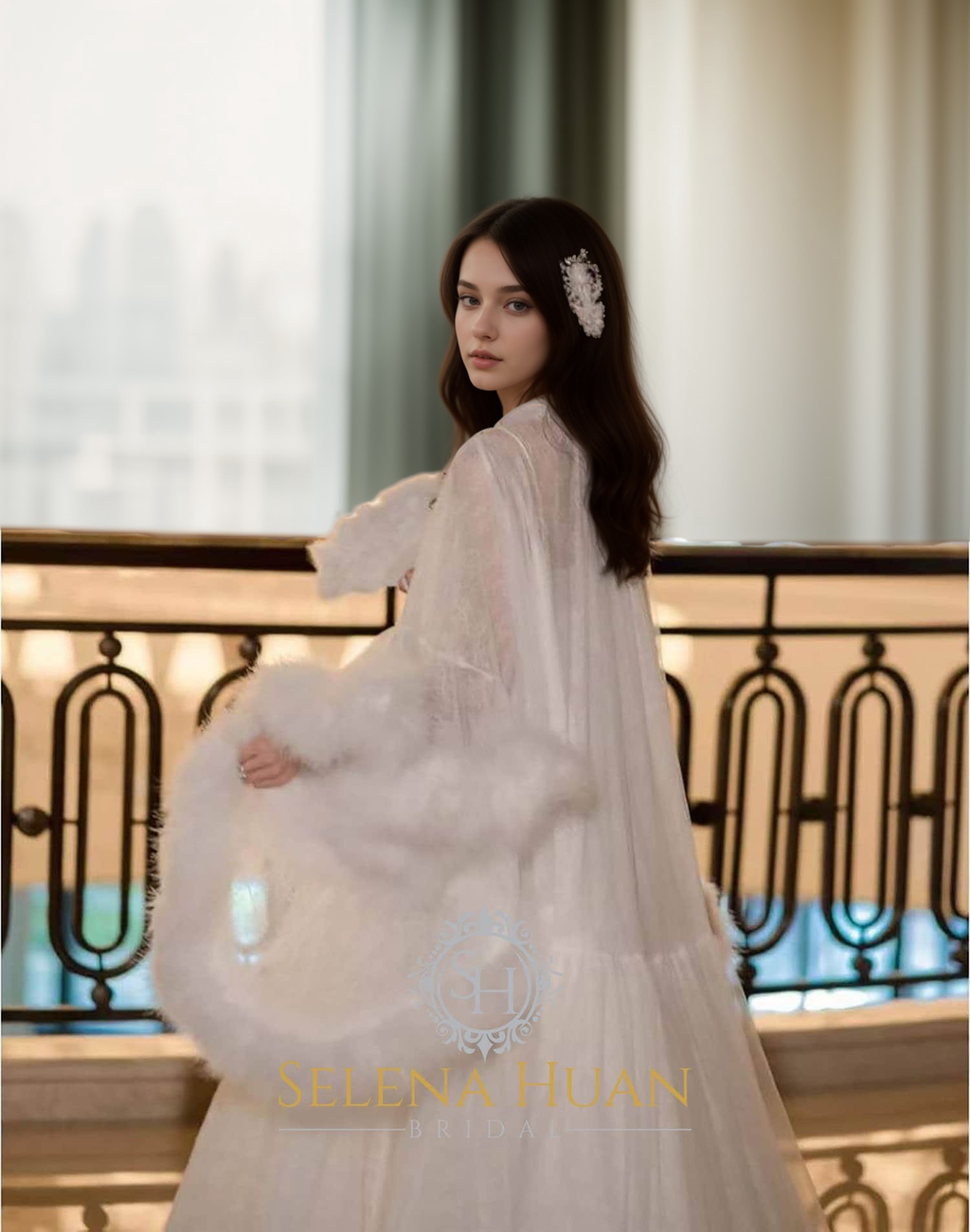 Luxury thick turkey feather fringe long bridal robe set with night gown by SelenaHuanStudio