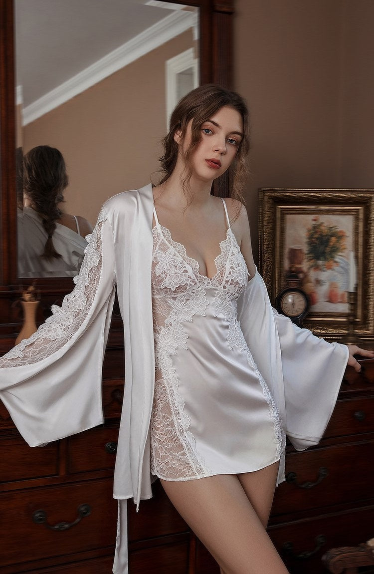 Victorian Style Lace Silky Lingerie Set - Elegant Night Dress & Robe in 3 Colors Next Day Shipping by SelenaHuanStudio