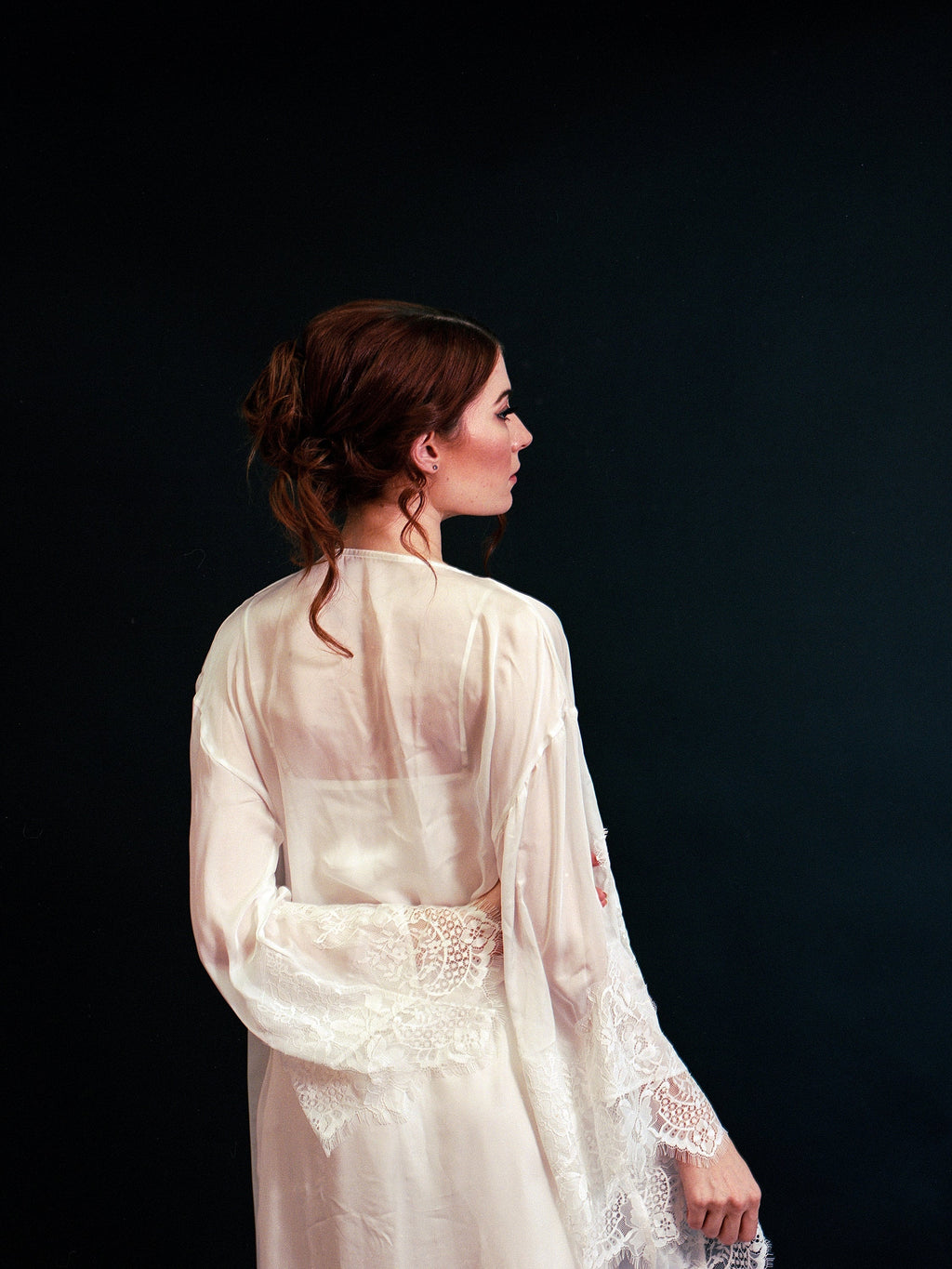 Silky Chiffon Trimmed Lace Long Lingerie Robe with Nightgown by SelenaHuanStudio