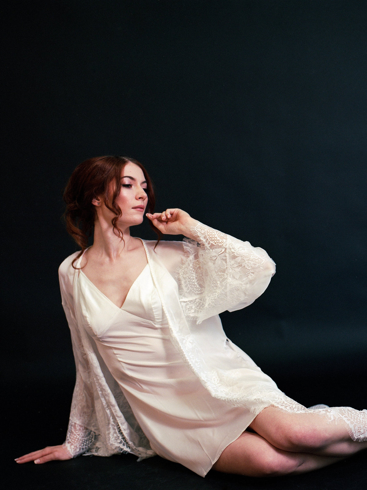 Silky Chiffon Trimmed Lace Long Lingerie Robe with Nightgown by SelenaHuanStudio
