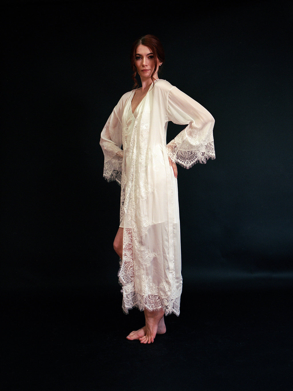Silky Chiffon Trimmed Lace Long Lingerie Robe with Nightgown by SelenaHuanStudio