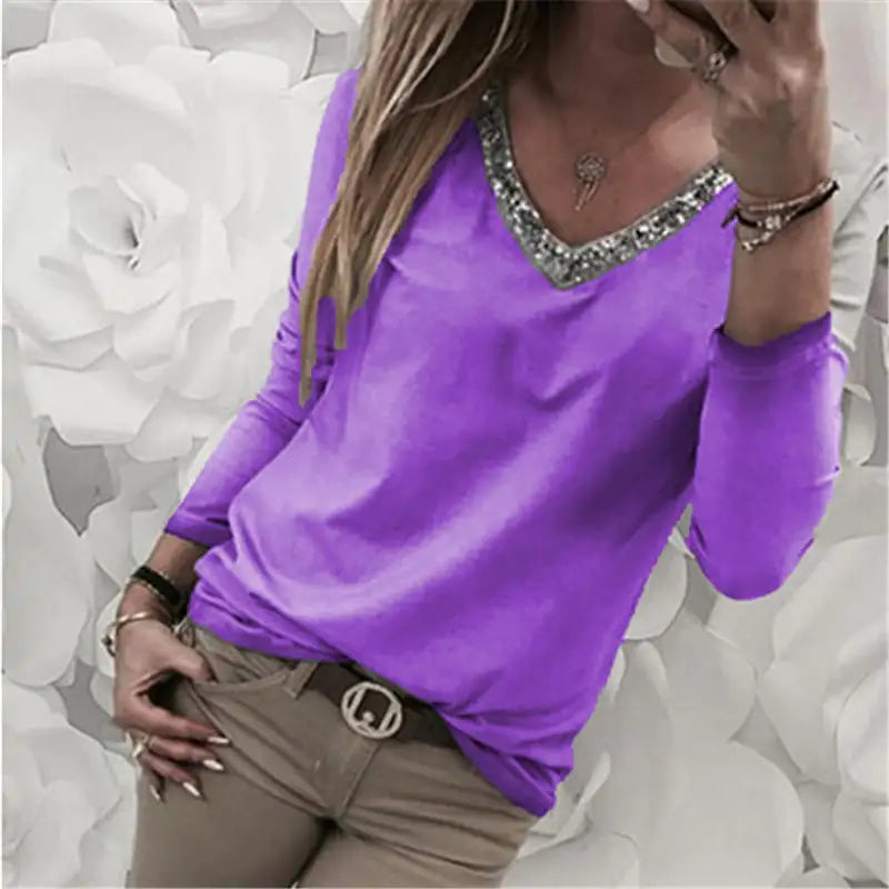 Plus Size Women's Sequin Long Sleeve V Neck T-shirt by Trendy Attic Store01