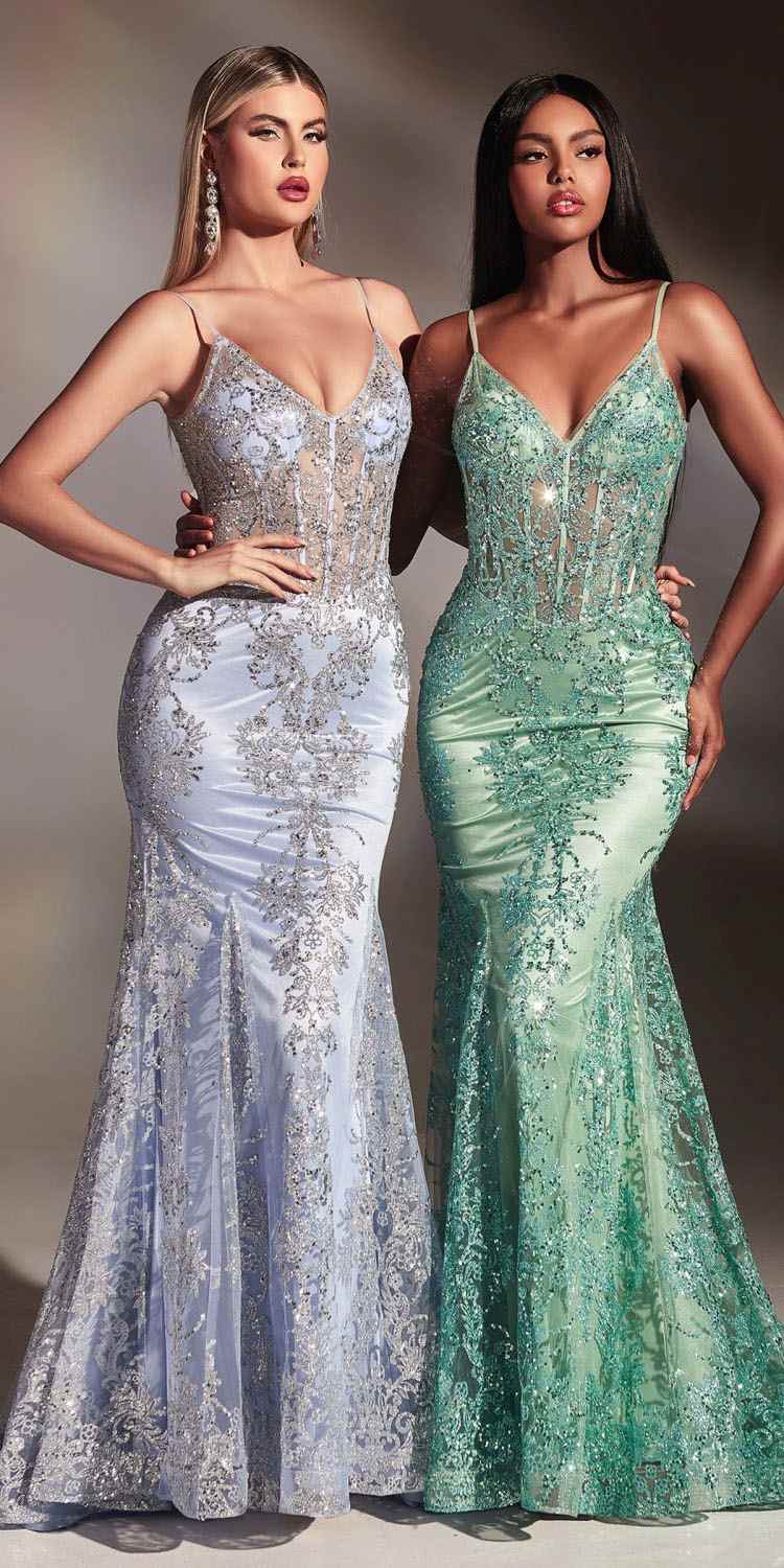 Cinderella Divine J810 Long Fitted Mermaid Gown Metallic Embroidered Lace by DiscountDressShop