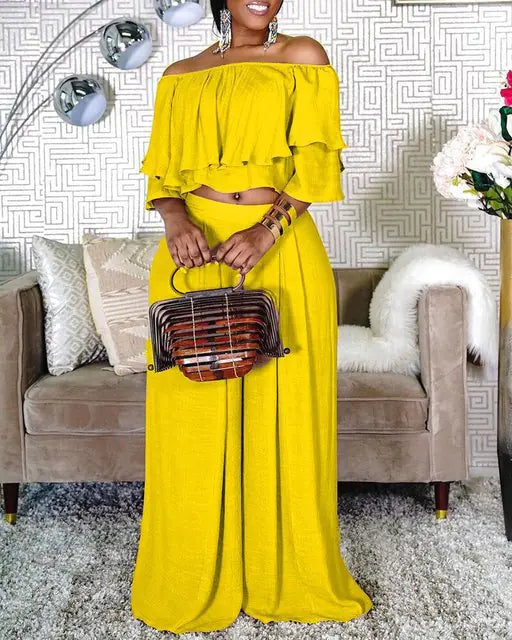 Plus Size 2 Piece Off Shoulder Crop Top & Wide Leg Pants by Trendy Attic Store01